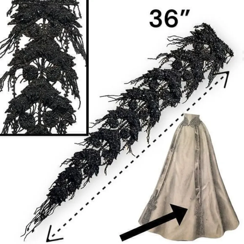 Giant Antique Victorian Jet Mourning Appliqué 33”x 5” Fringe Skirt Delineator